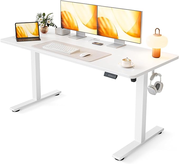 Cubiker Standing Desk, 55x24 Inches Sit Stand Home Office Desk, Electric Stand up Desk, Adjustable Desk with Splice Board, White Frame/White Top