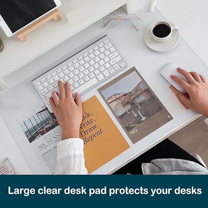 Desk Pad Blotters Protector Clear 18x24 in Plastic Desktopper Writing Surface Cover Desk Organizer Mat with Mouse Pad for Office Home Laptop Computer Tabletop Keyboard Mat Easy Clean Waterproof Glass