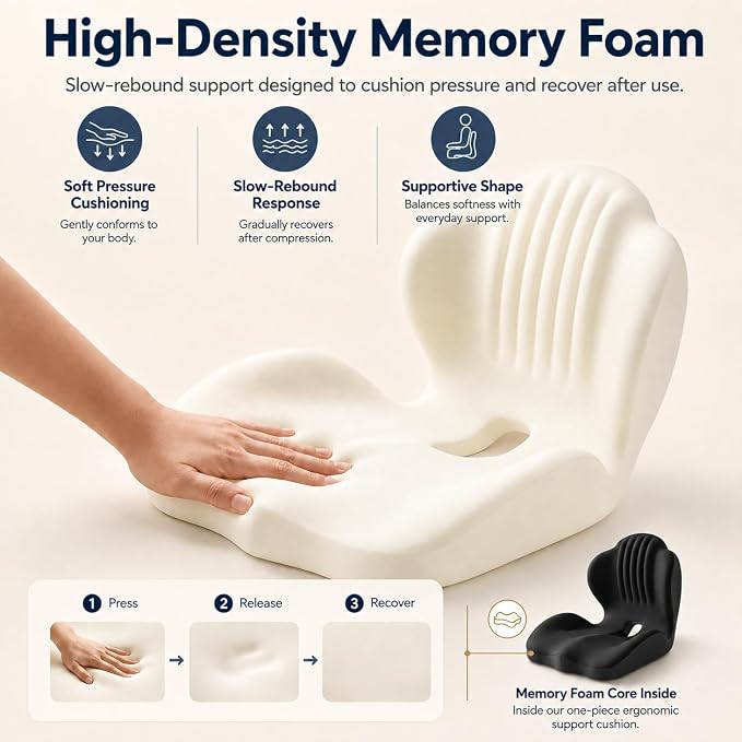 Car Seat Cushion with Lumbar Support, One-Piece L-Shaped Memory Foam | Ergonomic design with coccyx cutout, hip-to-thigh support and anti-slip base for long drives, office chairs and wheelchairs.
