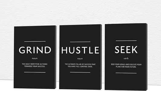Office Wall Art - 3 Panel Motivational Wall Art, Inspirational Quotes Canvas Art for Home Office Wall Decor, Positive Quotes Wall Decor, Entrepreneur Grind Hustle Execution Poster Frame (16”x24”x3Pcs)