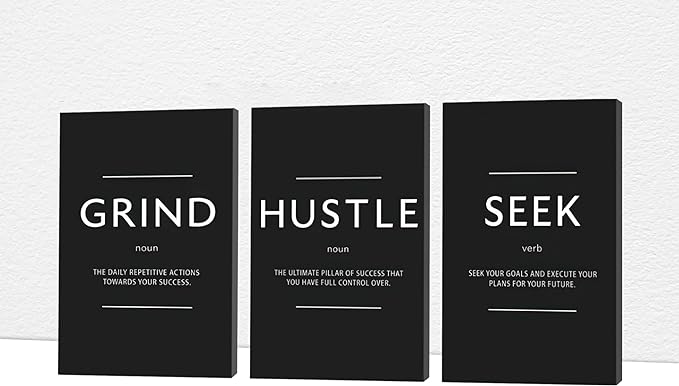 Office Wall Art - 3 Panel Motivational Wall Art, Inspirational Quotes Canvas Art for Home Office Wall Decor, Positive Quotes Wall Decor, Entrepreneur Grind Hustle Execution Poster Frame (12”x24”x3Pcs)