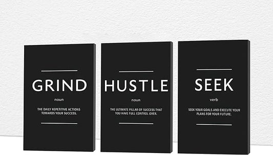 Office Wall Art - 3 Panel Motivational Wall Art, Inspirational Quotes Canvas Art for Home Office Wall Decor, Positive Quotes Wall Decor, Entrepreneur Grind Hustle Execution Poster Frame (12”x24”x3Pcs)