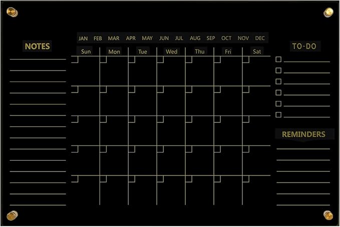 Black Acrylic Calendar Dry Erase for Wall, Family Planner, Monthly Calendar Dry Erase Whiteboard for Home, Office, 24" x 16"Reusable White Board（(Acrylic-BK-4060)
