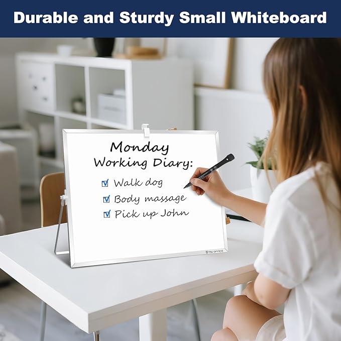TSJ OFFICE Small White Board - 18 X 14 Inches Small Magnetic Dry Erase Board with Hooks for Wall, Desktop Whiteboard Stand 360 Degrees Revolving Double Sided for Office, Home, School, Silver