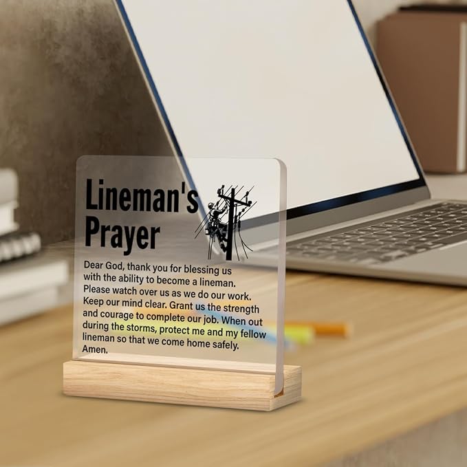 Lineman Gifts Desk Accessories Decor Sign for Line Worker | Graduation Gift, Lineman Prayer, Home Office Desk Decorative Sign, Clear, Acrylic, 4 x 4 Inches