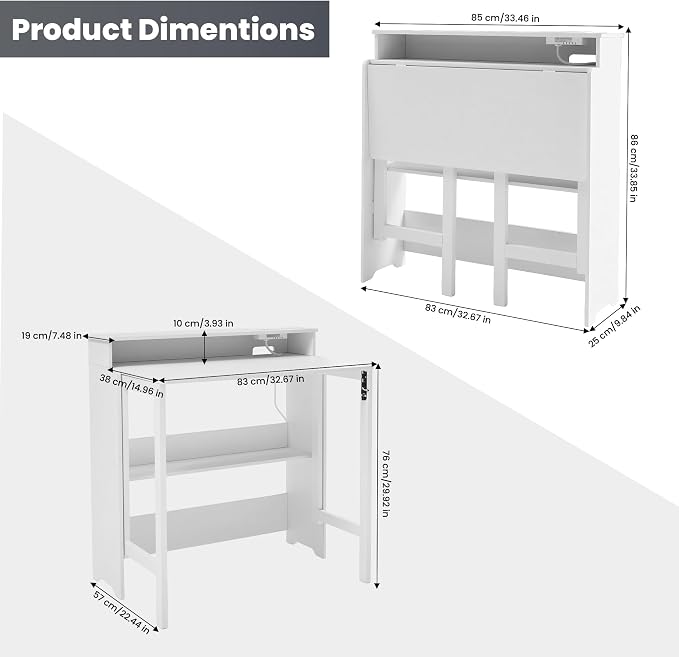 Folding Desk with Charging Station,Fold Out Desk with Monitor Stand,Storage Shelf,Small Foldable Computer Desk for Compact Home Office Spaces (White)