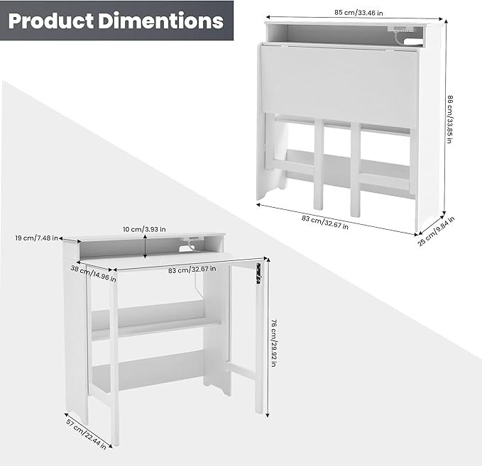 Fold Out Desk with Power Outlets, Small Foldable Table with Storage Shelf,Space-Saving Hidden Desk for Bedroom, Living Room & Office (White)