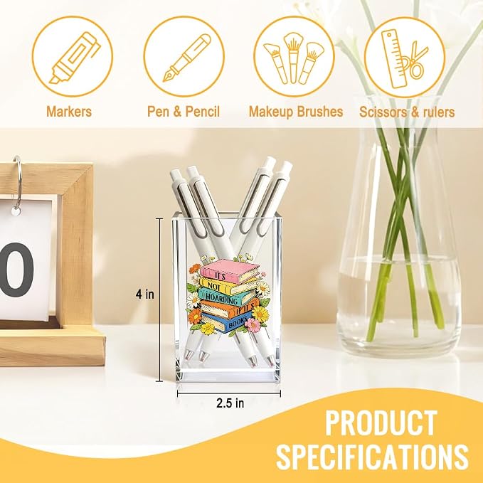 It's Not Hoarding If It's Books Acrylic Organizer Pencil Pen Holder, Floral Book Design Desk Storage Organizer, Bookworm Gifts for Book Lover Reader Bibliophile Librarian Book Club Member