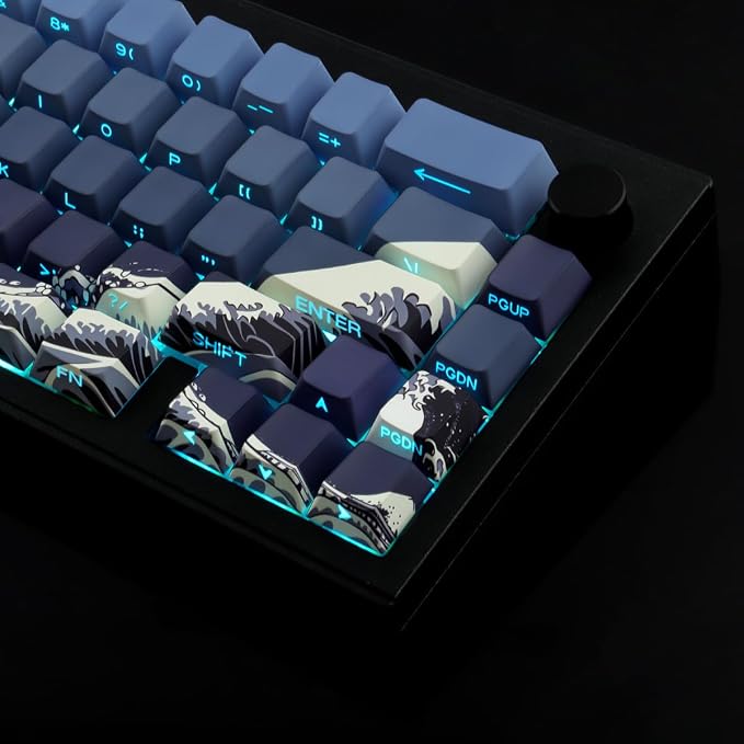PBT Key caps Custom Cool Wave of Kanagawa Dark Blue Keycaps Keyboard | Tsungup Keycaps 75 Percent,131 Keys Dye Sub Side Print Shine Through Keycap Set,Cherry Key Caps for Mechanical Keyboard