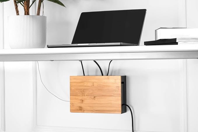 Bamboo Cable Management Box with Magnetic Lid - 12,6x7,8x4.3 in - Durable Cable Organizer to Hide Cords & Power Strip - Wall Mountable - Including Hardware - for Home, Office, Desk & More (Black)