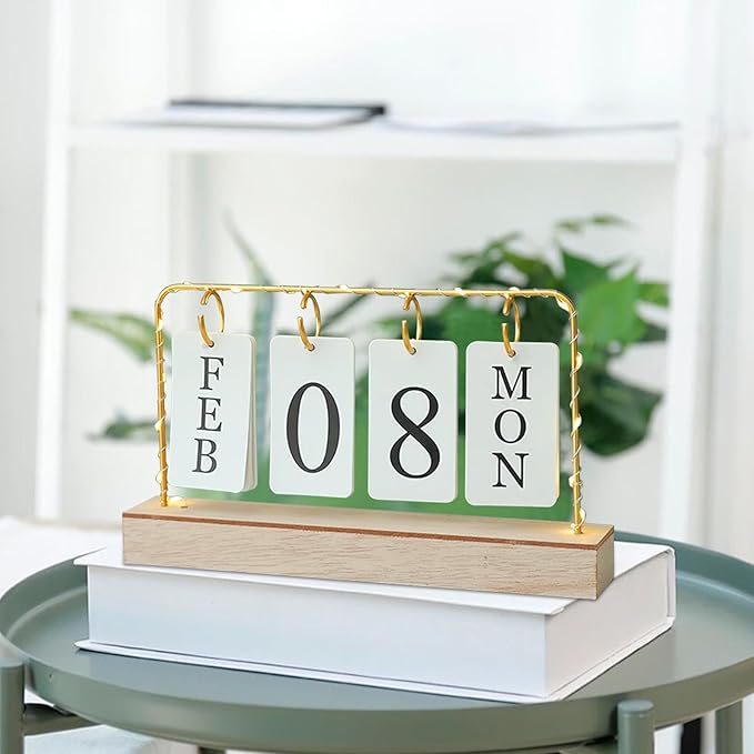 AUSTUFF Flip Wooden Perpetual Calendar Metal Desk Calendar | Standing Office Home Desk Decor