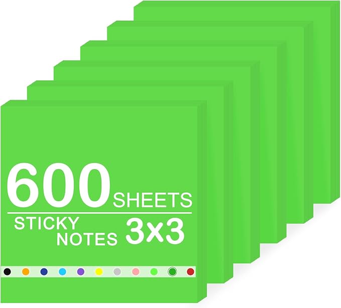 Super Sticky Notes,6 Pads Self-Stick Note Pads 3 x 3 in,600 Sheets Total Sticky Notepad Bulk Post,Office Supplies,School Supplies,Christmas Decor(Dark Green, 6 Pads Sticky Notes 3x3)