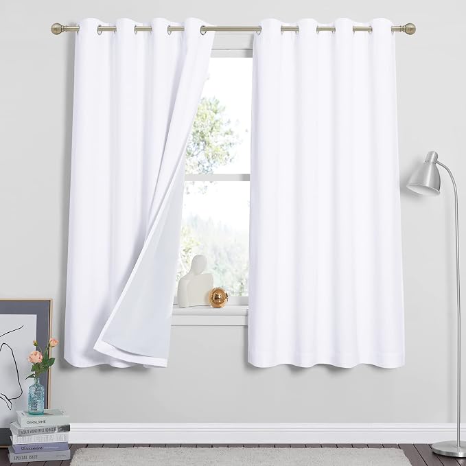 RYB HOME 100% White Blackout Curtains, Anti Dust Small Particle Mountain Fires Smog Filter Drapes Noise Reducing Energy Effieient Window Dressing for Furance Nursery Bedroom, W52 x L63 inch, 2 Panels