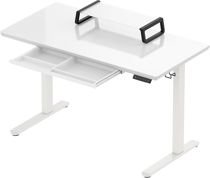 SHW 48-Inch Glass Electric Height Adjustable Standing Desk, White | w/ Monitor Riser | Memory Presets and Cable Management | Drawer with Built-in Compartments | Hanging Hooks