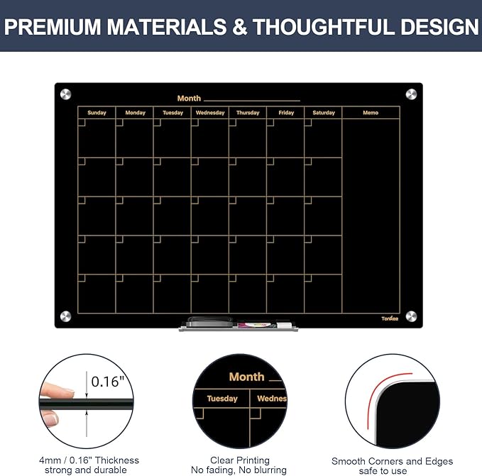 Glass Calendar Dry Erase Board for Wall, TANKEE 36x24 Inches Black Magnetic Glass Whiteboard, Large Monthly Calendar White Board for Office School Home Classroom Kitchen Wall