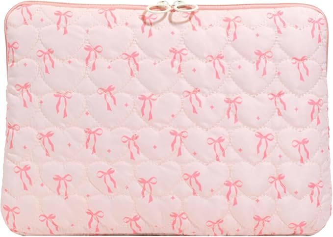 Puffy Laptop Sleeve 13-15 Inch, Cute Bow Laptop Protective Case, Quilted Padded Computer Cover, Aesthetic Carrying Tablet Bag (A04-Pink, 13-14inch)
