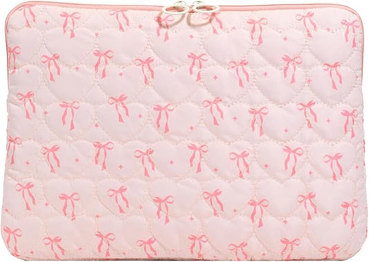 Puffy Laptop Sleeve 13-15 Inch, Cute Bow Laptop Protective Case, Quilted Padded Computer Cover, Aesthetic Carrying Tablet Bag (A04-Pink, 13-14inch)