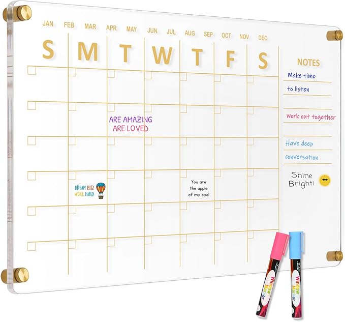Large Acrylic Calendar for Wall, 24" X 16" Golden Clear Acrylic Wall Calendar, Clear Wet & Dry Erase Calendar Hanging Frameless Monthly Planner for Office, Home or School, 2 Markers