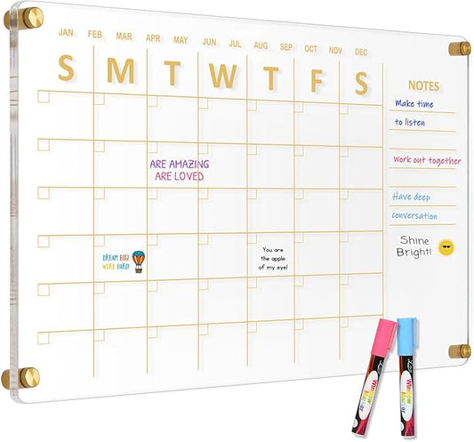 Large Acrylic Calendar for Wall, 24" X 16" Golden Clear Acrylic Wall Calendar, Clear Wet & Dry Erase Calendar Hanging Frameless Monthly Planner for Office, Home or School, 2 Markers
