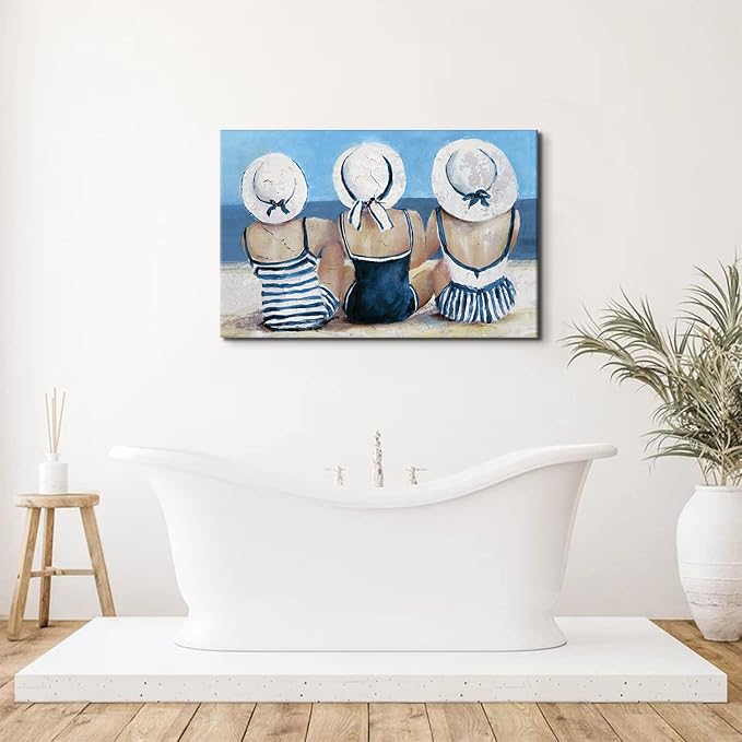 Coastal Beach Girls Wall Art Vintage Ocean Pictures Beach Wall Decor for Bathroom Bedroom Navy Blue and White Swimsuit Canvas Paintings Girl Friends Sun Bathing Artwork Living Room Home Decoration