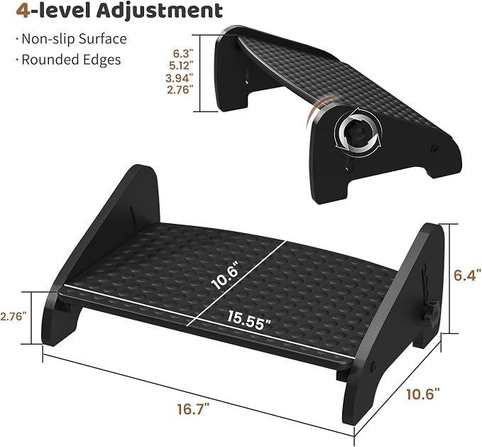 Adjustable Under Desk Footrest-Bamboo 4-Position Ergonomic Office Foot Stool with Large Non-Slip Surface, Improves Posture for Home,Office & Computer Desk Use (Black)