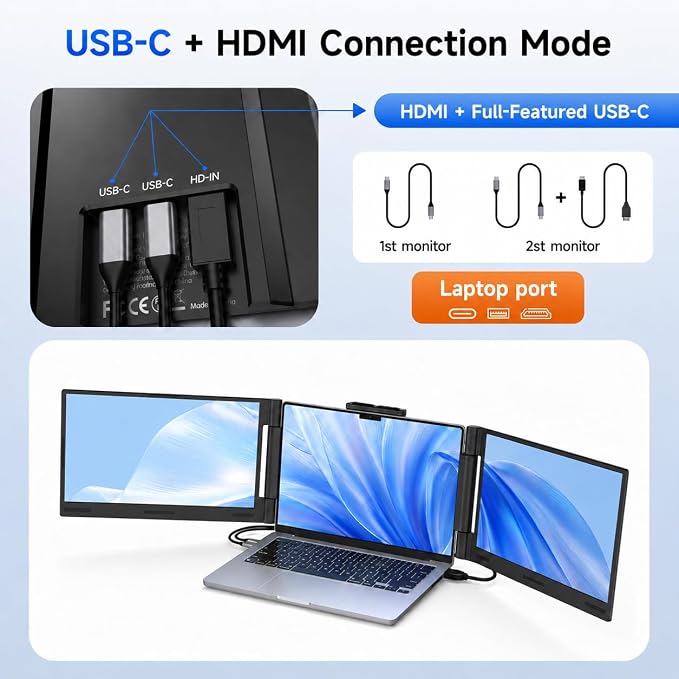 AOC 14" Laptop Screen Extender, Triple Portable Monitor for 13”-17.3" Laptops, 1080P FHD IPS Display, HDMI/USB-C Cable Plug-Play Laptop Monitor Extender for Mac/Windows (Black)