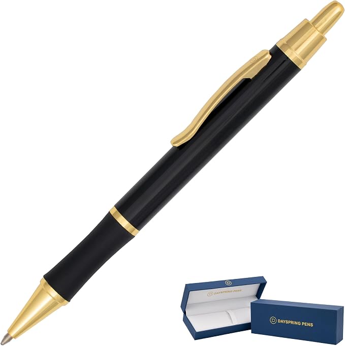 Dayspring Pens Monroe Black Ballpoint Pen, 18K Gold Accents, Click Action — Professional Desk Pen or Office Gift, Gift Box Included