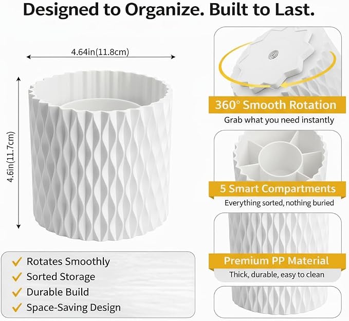 White Pen Holder for Desk, 360° Rotating Pencil Organizer, 5 Slots | Spinning multi-use organizer holds pens, makeup brushes, art supplies & markers — desk caddy for office, classroom or vanity