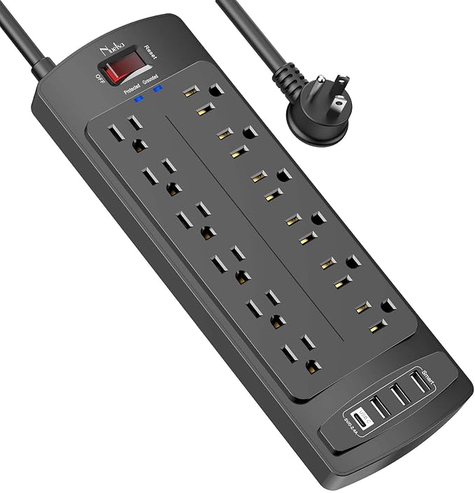 Surge Protector Power Strip, Nuetsa 12 Outlets and 4 USB Ports, 6 Feet Extension Cord for Home, Office, Dorm Essentials, 2700 Joules, ETL Listed, Black