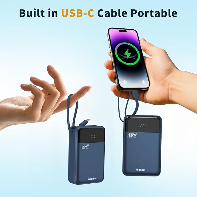 Hichain Laptop Power Bank 65W Laptop Portable Charger 20000mAh Battery Pack Fast Charging with USB C Cable, Phone Charger for iPhone 17/16/15/14/13 All Series/Samsung/Android, Camping Essential, Blue