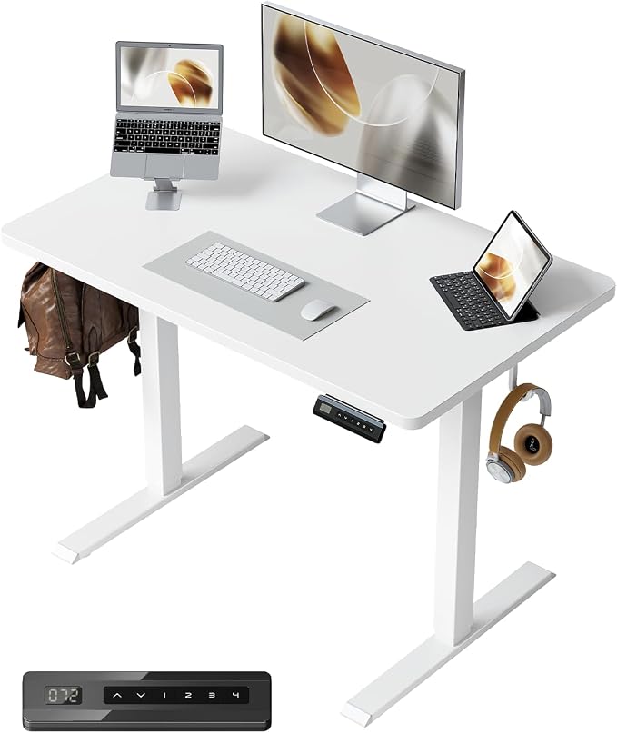 CubiCubi 32 x 20 Small One-Piece Standing Desk, Adjustable Height Electric Computer Home Office Sit Stand up Workstation, with 4 Memory Presets, Headphone Hook, Elegant White
