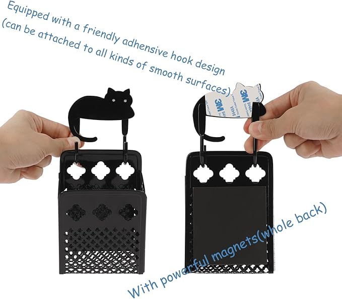 2 Pack Magnetic Pen Holder, Strong Magnet Organizer Dry Erase Marker Holder for Refrigerator, Whiteboard, Locker Accessories Home Office Hanging Pencil Holder with Hooks-Black