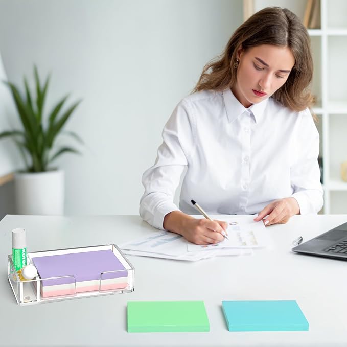 Sticky Note Holder with Pen Slot, Crystal Clear Acrylic Notepad Holder 4x6 in Self-Stick Note Dispenser Office Desk Accessories, Memo Pad Holder Organizer for Classroom School Supplies