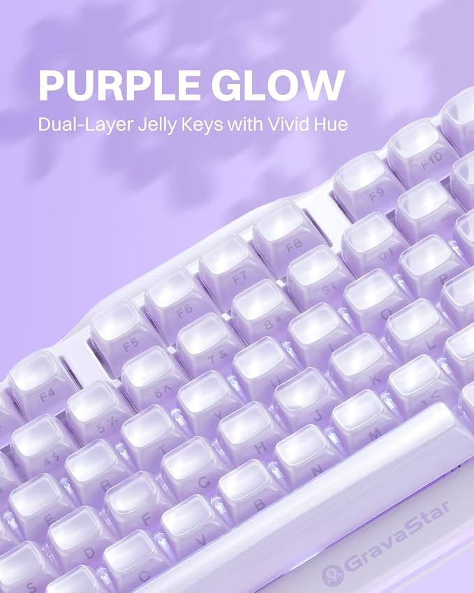 GravaStar Mercury K1 Purple 75% Wireless Mechanical Keyboard – Tri-Mode BT5.0/2.4GHz/USB-C Gaming Keyboard, Jelly Keycaps, Linear Switches, RGB Backlit Creamy Keyboard for PC/Mac【Lavender Purple】