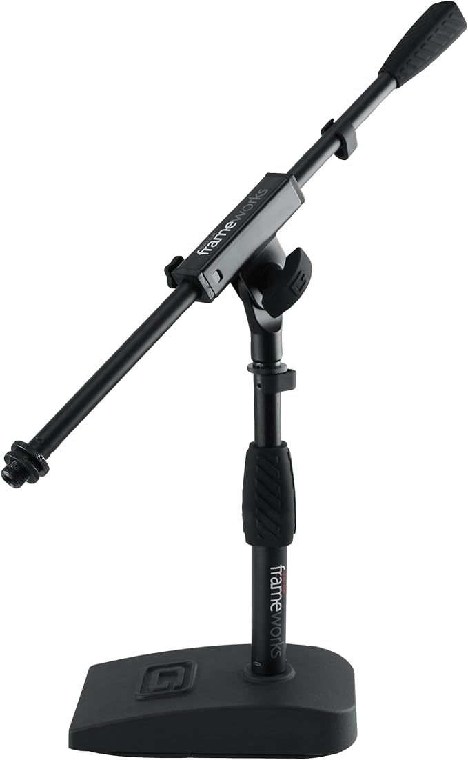 Gator Frameworks Short Weighted Base Desktop Microphone Stand with Boom arm, and Adjustable Height, Base Dimensions - 4.5" X 8" (GFW-MIC-0821)