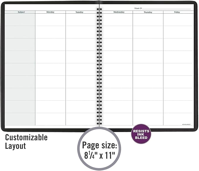 at-A-Glance Teacher Planner, 8-1/4" x 10-7/8", Undated Weekly & Daily Planner, Academic Lesson Plan Book for Family Homeschool Supplies, Agenda with Twin-Wire Binding, Black Leather (8015505)