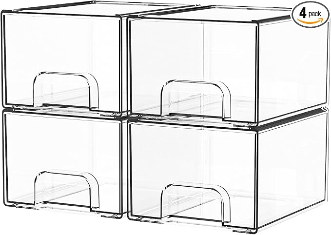 4 Pack Clear Stackable Storage Drawers,4.4'' Tall Acrylic Drawer Containers for Organizing,Bathroom Organizers and Storage Bin Box,Plastic Makeup,Medicine Organizer Bins for Cabinet,Undersink