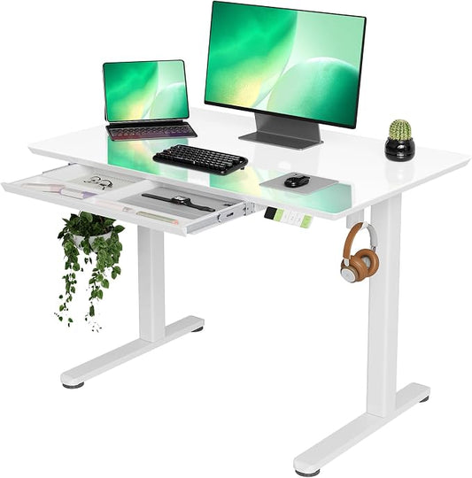 INNOVAR 40×24 Inch Super White Glass Standing Desk with Drawers | Tempered Glass Top, Ergonomic, Adjustable Height, Stand Up Desk,4 Memory Presets