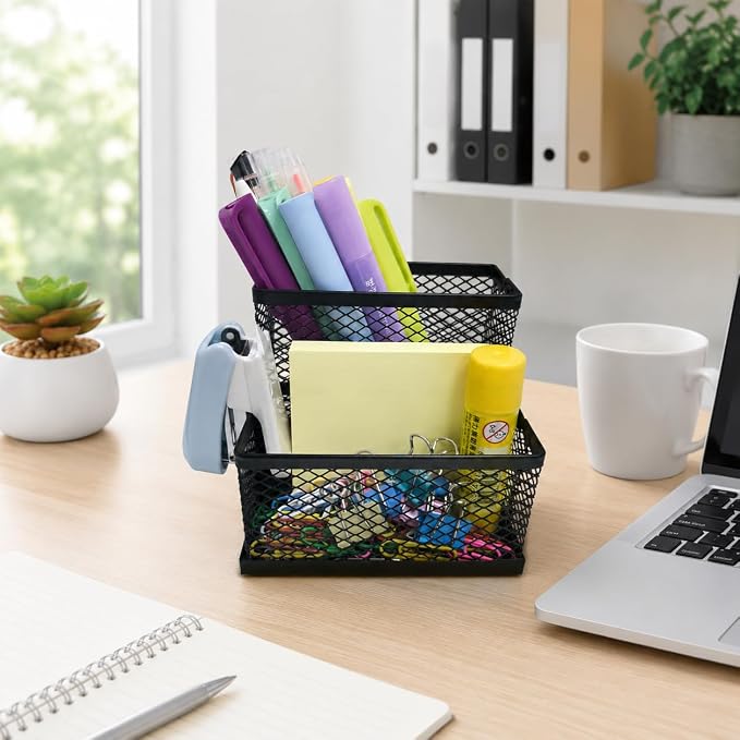 SHFKS Pen Holder for Desk Organizer,2Compartments Office Supply Organizer for School Home Office（Black）