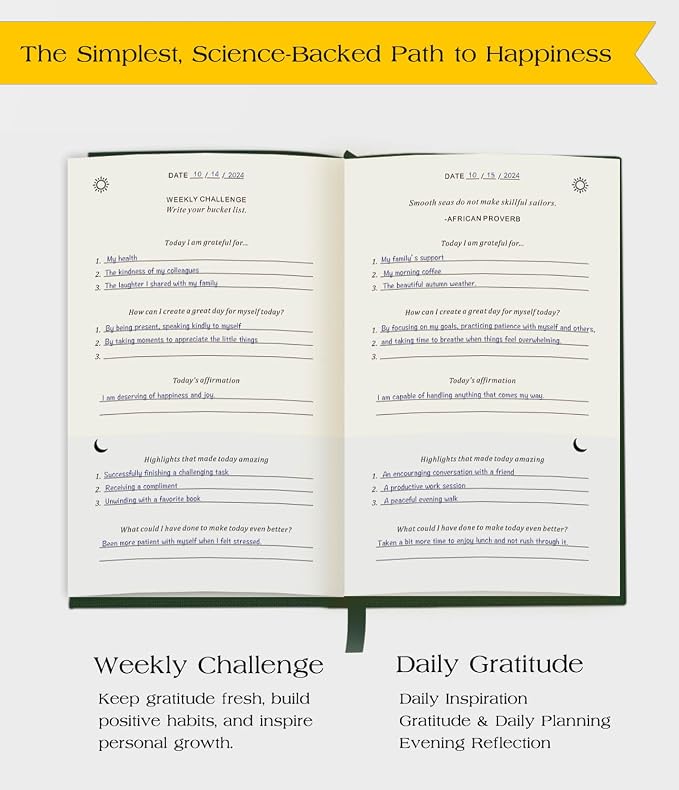 The Original Gratitude Journal with Inspiring Prompts & Quotes for Mindfulness, Reflection & Personal Growth - Daily Wellness Journal for Men & Women - Luxurious Earth Green Cover