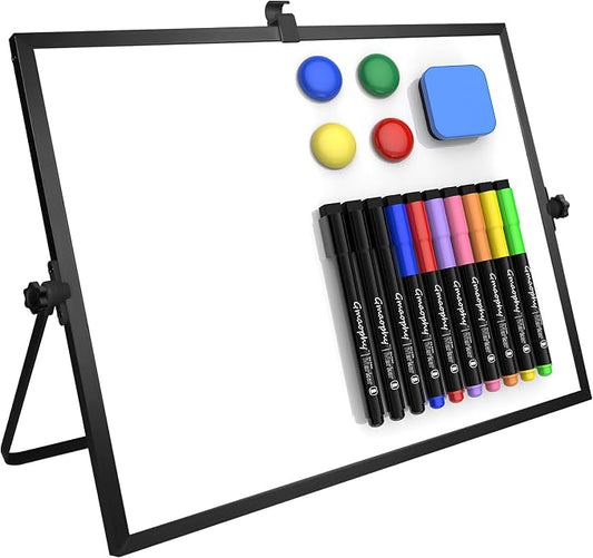 Dry Erase White Board, 16x12 Inches Double-Sided Desktop Whiteboard with Stand, Portable Whiteboard with Markers, Magnets, Eraser, Magnetic White Board Easel for Office Home Memo to Do List, Black