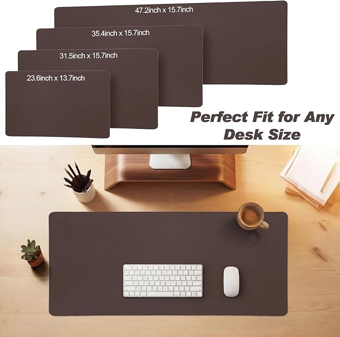 Tegeme Genuine Leather Desk Mat Large Desk Pad 35.4 x 15.7 Inch Non Slip Leather Table Protector with Stitched Edges and Rubber Base Brown Stylish Laptop Mat Smooth Writing for Workspace Home Office