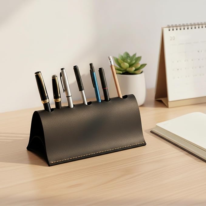 Sleek Rectangular PU Leather Pen Caddy, Minimalist Desktop Organizer for Office Desk Supplies