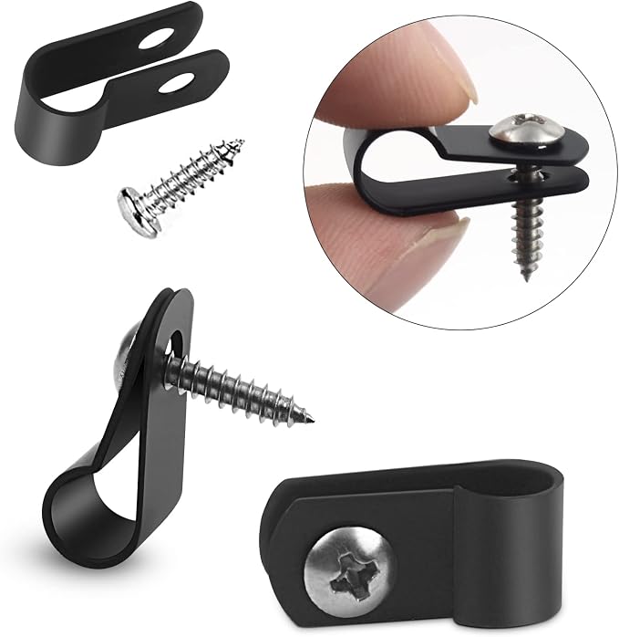 VIPMOON 100Pcs 1/2 Inch R-Type Cable Clamps, Nylon Plastic Cable Clips with Screws, Mounting Cord Fasteners for Electrical Wire Clamps Management, Black