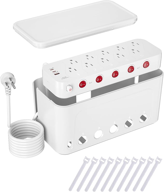 Power Strip with Cable Management Box, Large Cord Organizer Box,White | Power Strip Box with 10 Outlet and 3 USB Port,Individual Switches,6ft Flat Plug Extension Cord,Under-Desk Wire Storage Hider