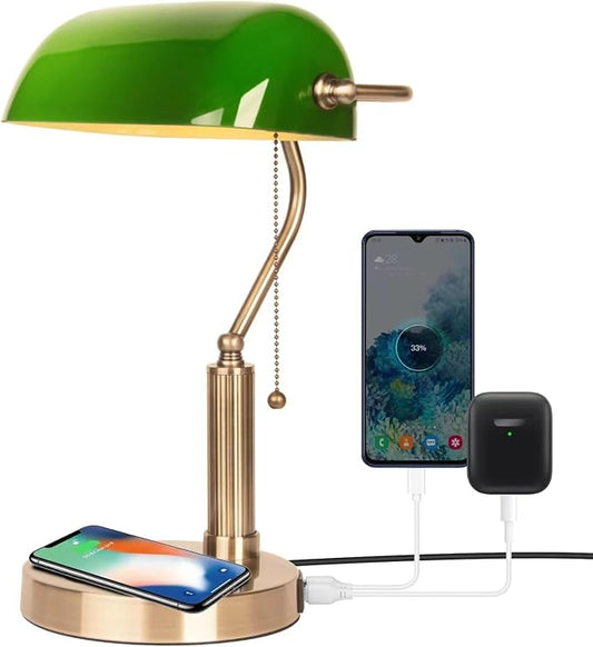 FIRVRE Green Glass Bankers Desk Lamp USB Wireless Charging Port LED Table Lamp Classic Retro Pull Chain Switch Reading Lamp for Home Office Workplace Library Piano