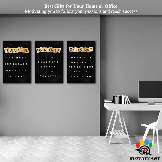 Office Wall Art - 3 Panel Motivational Canvas With Inspirational Quotes for Home Decor, Positive Entrepreneur Words Poster Frame for Company 24"x36"x3Pcs