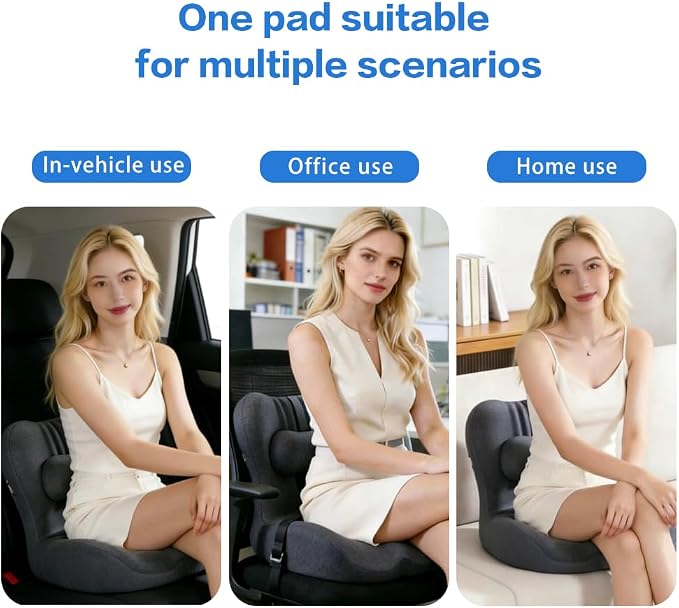 Adjustable Seat Cushion & Lumbar Support Pillow Set for Office Chair, Ergonomic Pillow for Sciatica Pain Relief, Memory Foam Back Support Pillow & Chair Cushion for Car seat, Desk Chair (black)