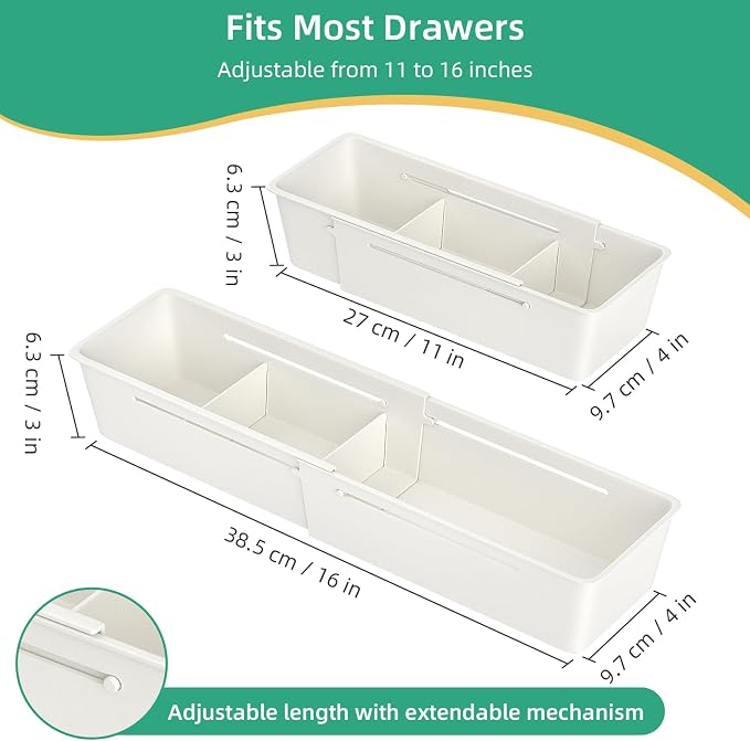 4 Pack Expandable Drawer Organizer, Desk Drawer Organizer Tray | 8 pcs Dividers Adjustable, 16 pcs Non-Slip Feet, Organizer Bins for Junk, Office, Makeup, Kitchen Utensil, Plastic, White