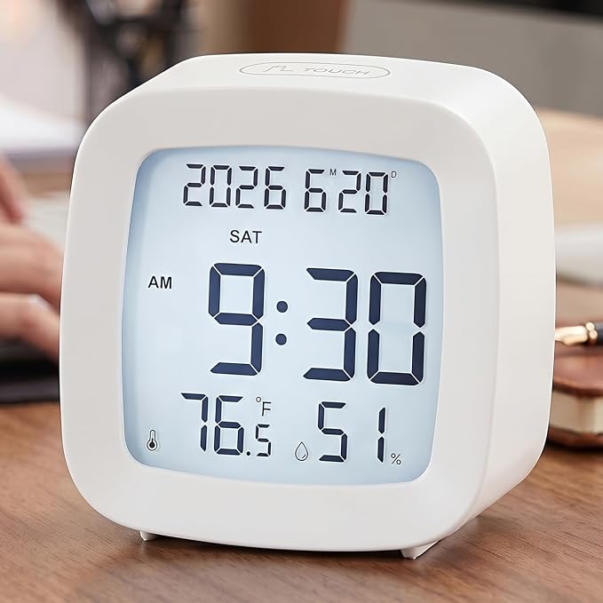 Digital Alarm Clock with Backlight, Snooze, Temp & Humidity Display,White | Time, Date & Weekday Temperature & Humidity Touch Backlight 5-Minute Snooze,Battery Operation Long Battery Life